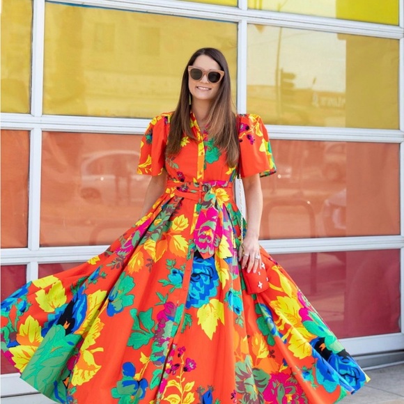 Floral Coral Maxi Shirt Dress with Belt - Picture 10 of 16